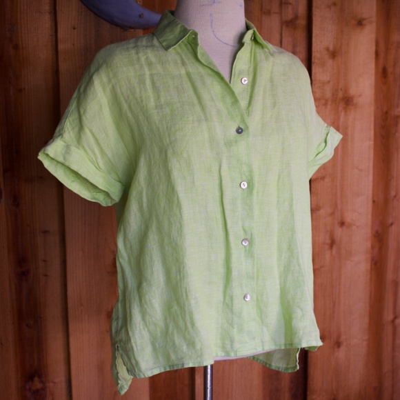 Tahari 100% Linen Lime Green Button Down Short Sleeve Blouse Size XS - Picture 3 of 16